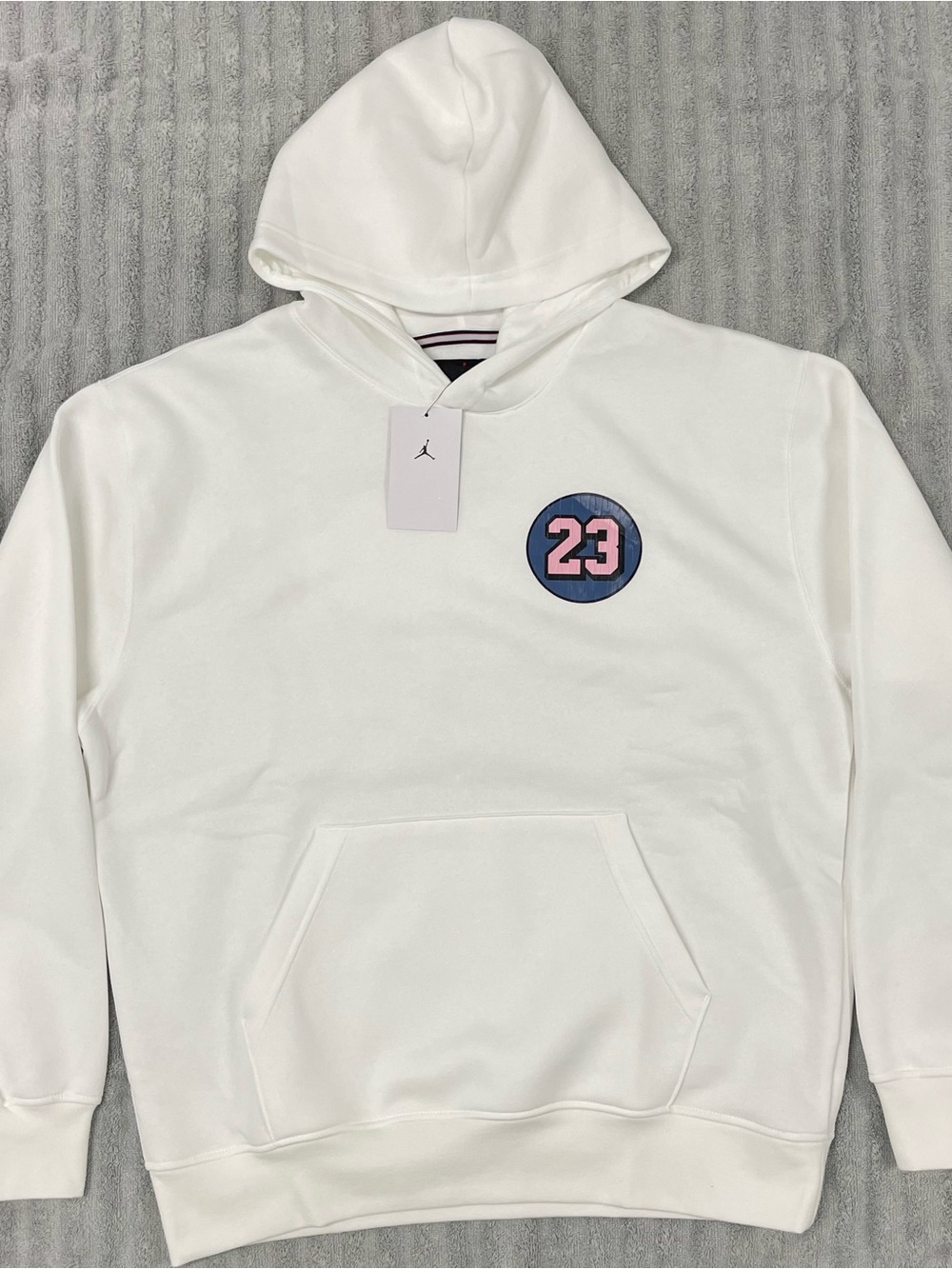 Jordan White Hoodie with Blue Circle and Pink 23 Patch